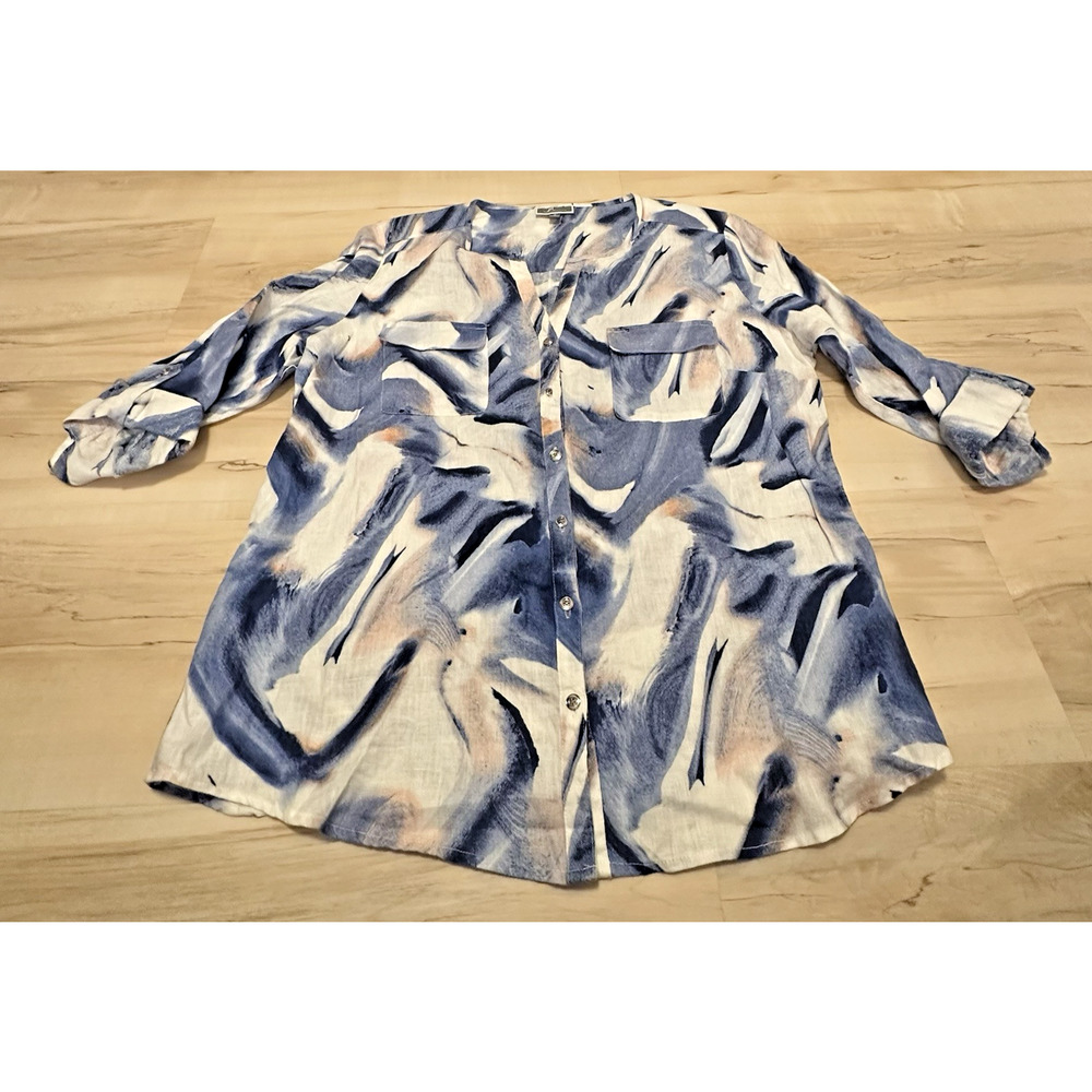 JM Collection Women 16 Blouse 100%‎ Linen Button Front Abstract Artsy Print Blue